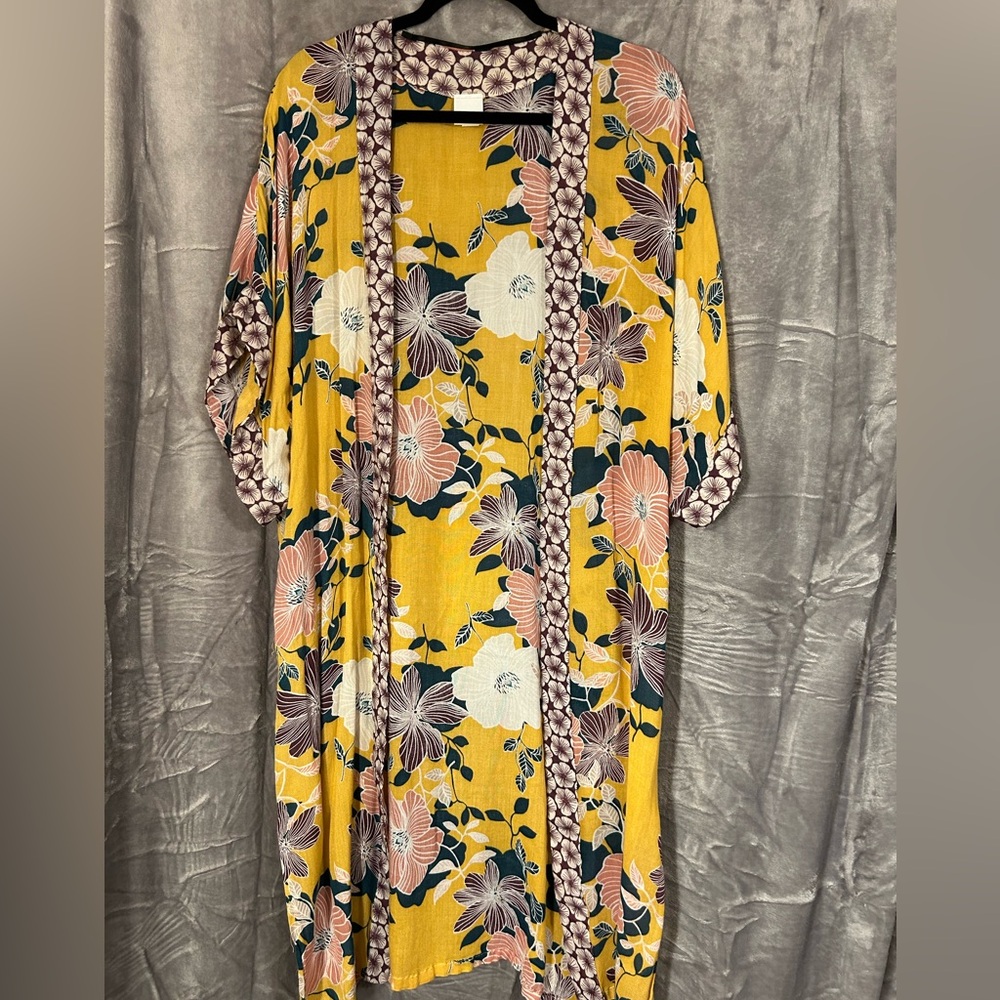Sonoma Kimono Mustard Yellow Long Length Pink & Burgundy Flowers One Size
